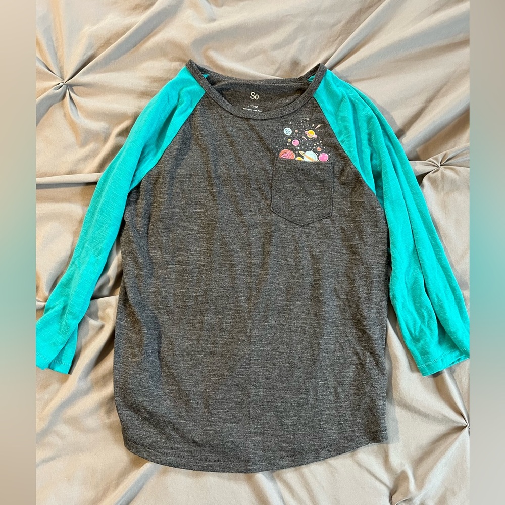 Girls Blue and gray shirt.
